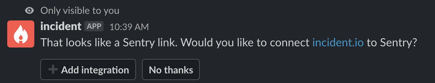 Prompt to add incident.io integration in Slack.