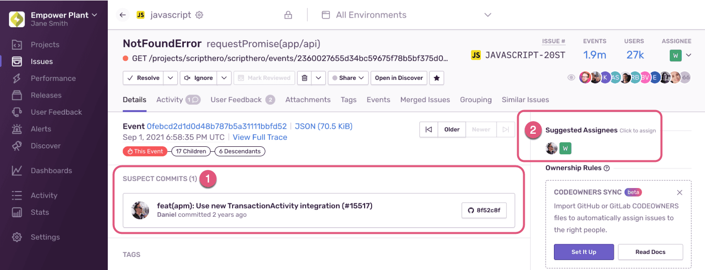 Identify suspect commits and see suggested assignees for issues.